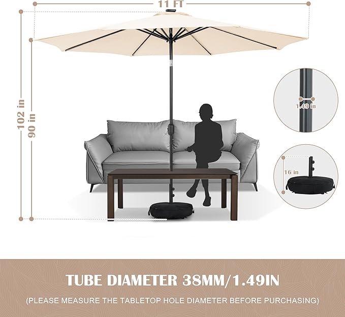 Sundale Outdoor Olefin 5-Year-Non-Fading Solar 104 LED 11FT Solar Patio Umbrella with Sand Bag Base Outdoor Umbrella with Tilt and Crank Beige