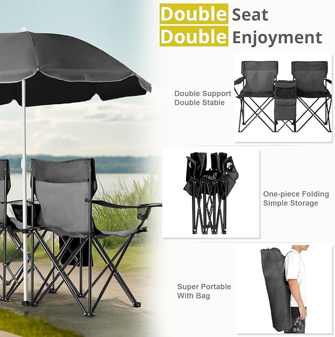 Double Camping ChairDouble Folding Beach Chairs Camping Chair W/Umbrella Mini Table Beverage Holder Carrying Bag for Beach Patio Pool Park OutdoorBlack