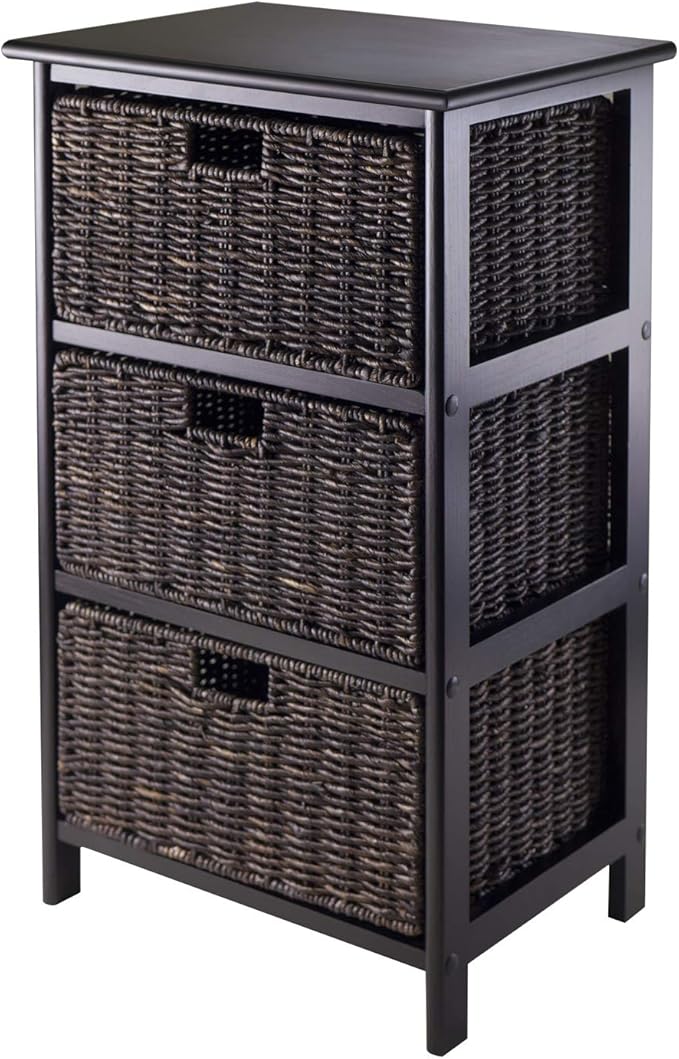 Omaha Storage Rack with 3 Foldable Corn Husk Baskets Black and Chocolate