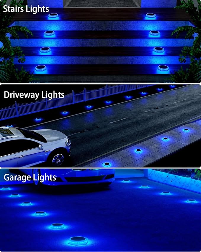 6 Packs Solar Driveway Lights Outdoor IP68 Waterproof Blue Deck Step Lights Solar Powered Solar Stair Light Stick on LED Light for Dock Garage Pool Fence Garden Pathway