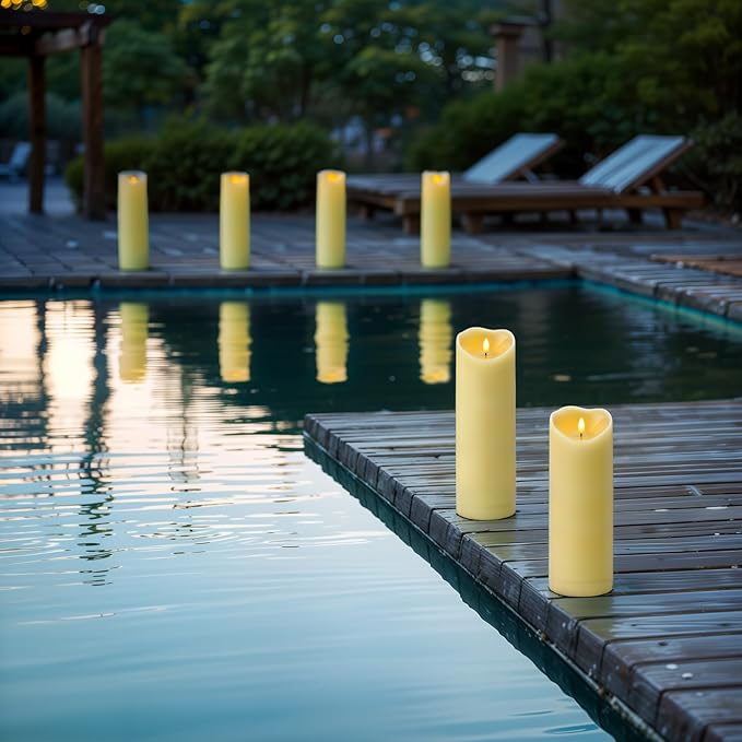 Amagic 4” x 12” Extra Large Waterproof Outdoor Flameless Candles Battery Operated with Remote Control and Timer Flickering LED Pillar Candle for Outdoor Patio Porch Decor Dark Ivory Set of 2