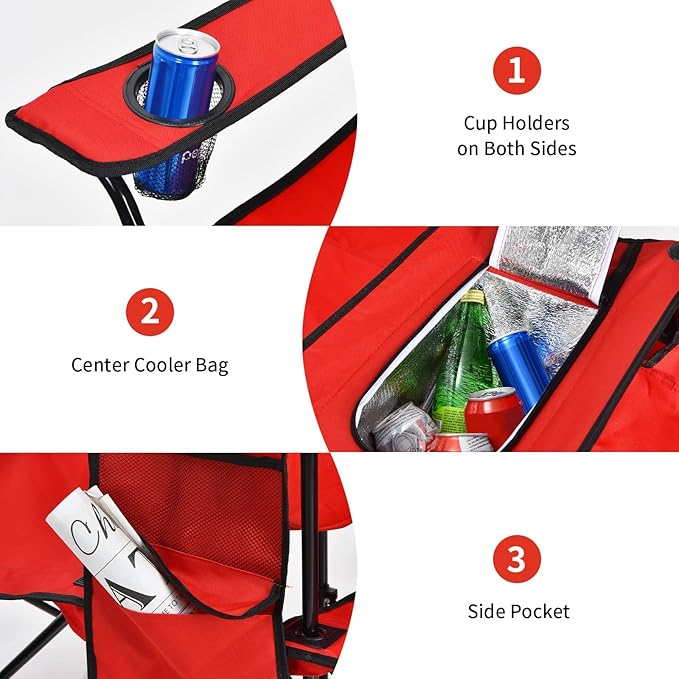 Goplus Double Camping Chair with Umbrella Folding Loveseat Chairs w/Canopy Shade Carrying Bag Table Cup Holder Portable Beach Chairs Outdoor Picnic Patio (Red)