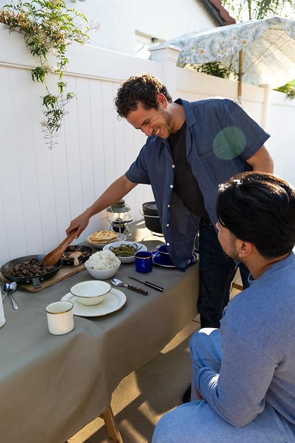 GSI Outdoors Mesa 2-Person Enamelware Dining Set 6-Pieces – Cream with Bronze-Finished Stainless Steel Rim Dishwasher Safe