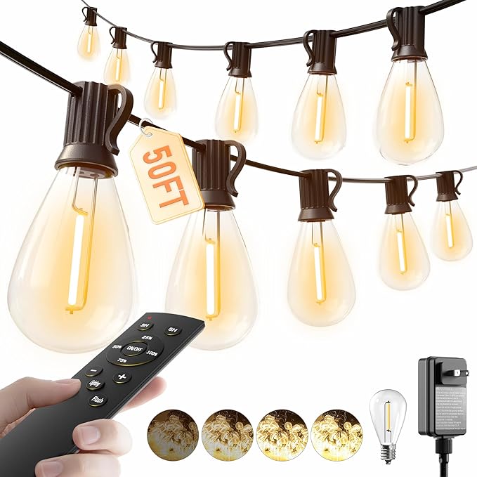 luckystyle 50FT LED Outdoor String Lights with Remote16+1 Shatterproof Bulbs Waterproof and Dimmable Patio Lights for Porch Garden Backyard Deck Balcony 2200K Hanging Lighting