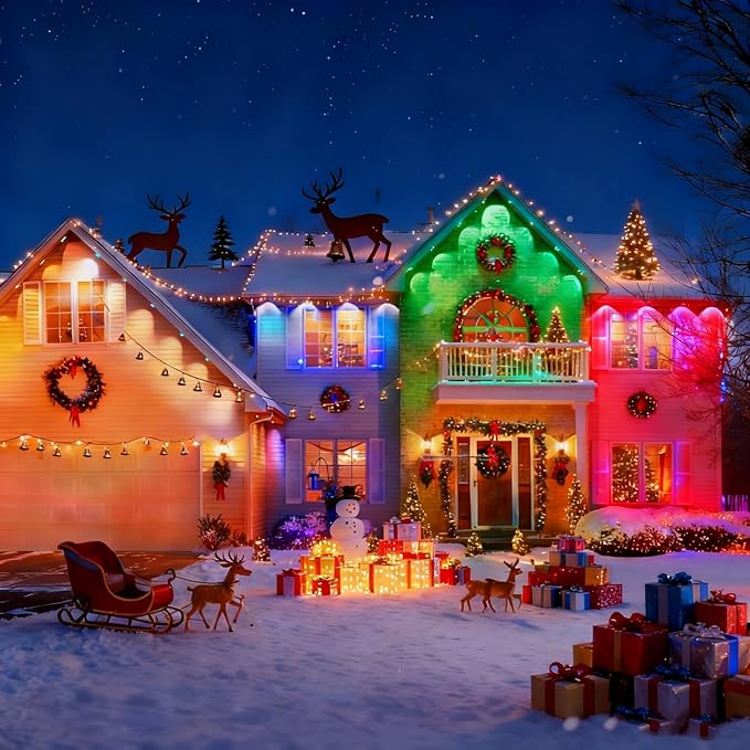 FVTLED 100FT Permanent Outdoor Lights for House Smart RGB+IC LED Eaves Lighting with APP/Remote Control IP67 Waterproof Outdoor String Light with 72 LED Lights for Garden Decor Deck Christmas