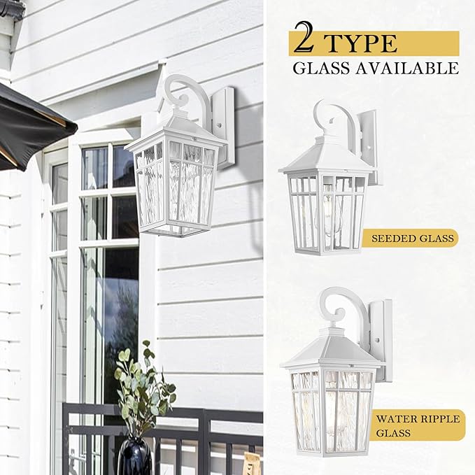 Darkaway Outdoor Wall Lights for House Exterior Lighting Fixtures Wall Mount Outside Porch Lights Waterproof White Outdoor Sconce Lights with Water Ripple Glass for Patio Garage Front Door