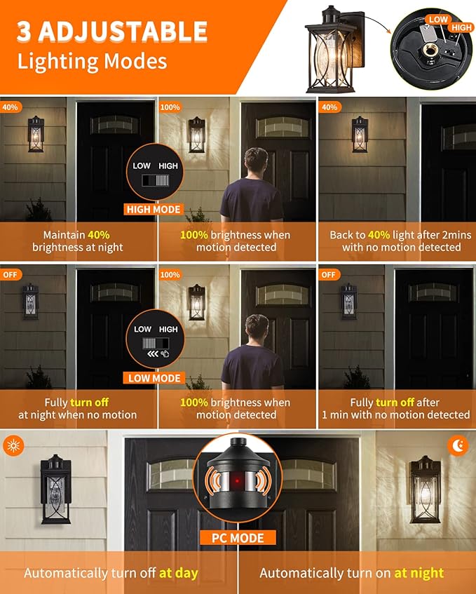 Motion Sensor Outdoor Wall Light with Dimmable Bulb Modern Dusk to Dawn Exterior Light Fixture Wall Mount Porch Light Black with Crack-Like Glass Coach Lantern for House Garage