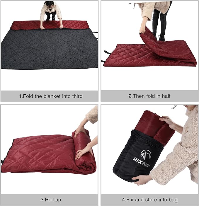 REDCAMP 79x79 Winter Outdoor Blanket with Sherpa Lining Waterproof &amp Windproof Cold Weather Blankets Extra Thick Warm Blanket for Camping Stadium Car Dog Machine Washable Portable Red