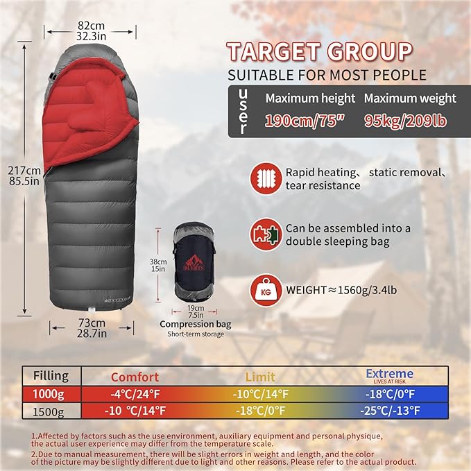 Down Sleeping Bags for Adults Premium 680FP Down Fill Backpacking Sleeping Bag for Cold Weather for Camping Hiking and Traveling Comes with Compression Sack.