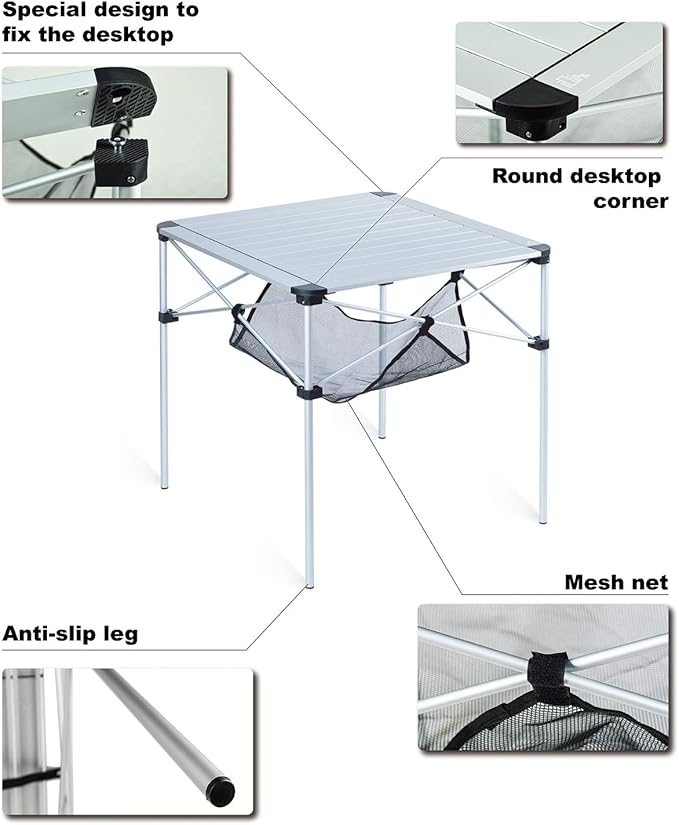 iClimb Lightweight Stable Alu. Folding Square Table Roll Up Top with Carry Bag for Camping Picnic Backyards BBQ Camp Kitchen (Nature L)