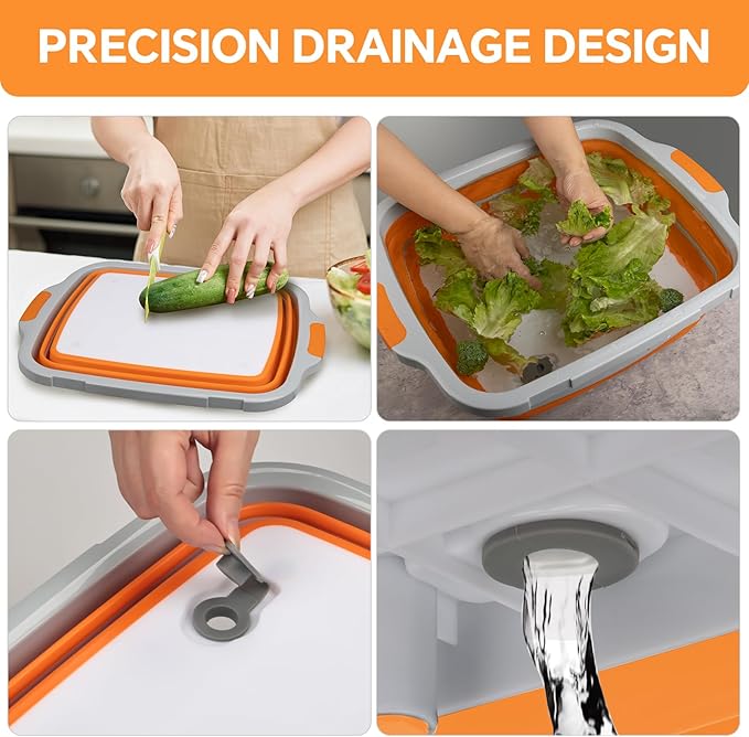 Collapsible BBQ Prep Tub for Meal Prep MarinatingFood Storage picnics camping barbecuescutting fruits and vegetables - Includes Cutting Board and Locking Lid(X-Large) Orange