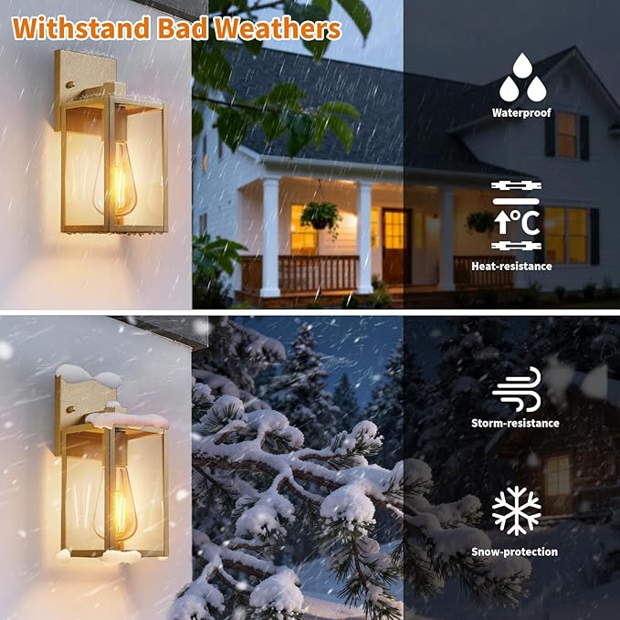 Outdoor Light Fixtures Wall Mount Waterproof Front Porch Lights Modern Exterior Lighting Fixtures with E26 Socket Gold Wall Sconces Lantern Lamp Outside Lights for House Garage Patio (2 Pack）