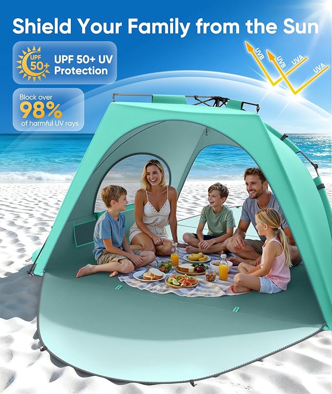 Beach Tent Sun Shelter for 5-6 Person Pop Up Beach Canopy UPF 30+ UV Protection Breathable Mesh Window Portable Sun Shade Tent with Carrying Bag for Sands &amp Outdoor Mint Green Size XL