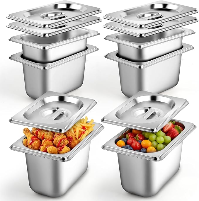 West Bay 6 Pack 1/9 Size Hotel Pan with Lids 4'' Deep Steam Table Pan with Lid 5.3'L x 2.7''W Stainless Steel Pans for Home Party Hotel Buffet