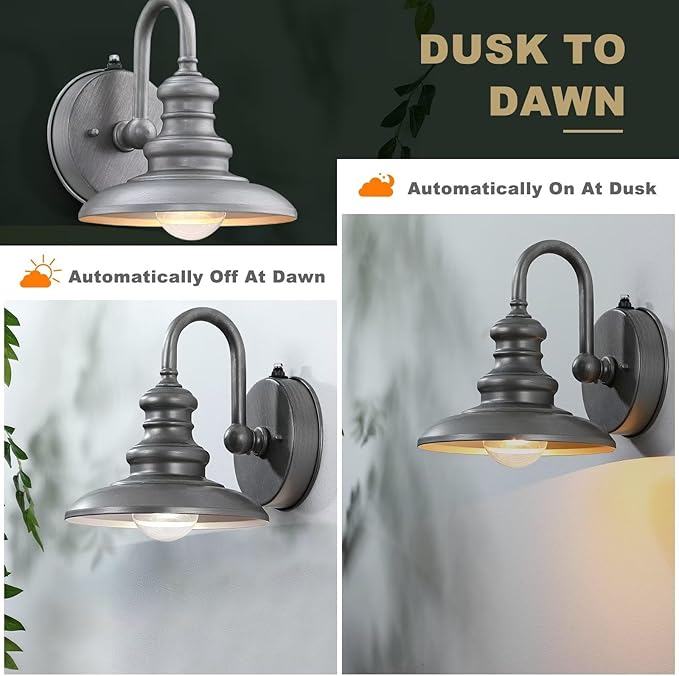 LONEDRUID Dusk to Dawn Sensor Outdoor Gooseneck Barn Light Fixtures Silver Exterior Wall Sconce Lighting Waterproof Outside Porch Lantern Rustic Farmhouse Wall Mount Lamp for House Garage Patio