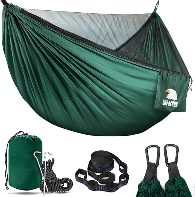 Covacure Camping Hammock - Lightweight Double Hammock Hold Up to 772lbs Portable Hammocks for Indoor Outdoor Hiking Camping Backpacking Travel Backyard Beach（Dark Green）