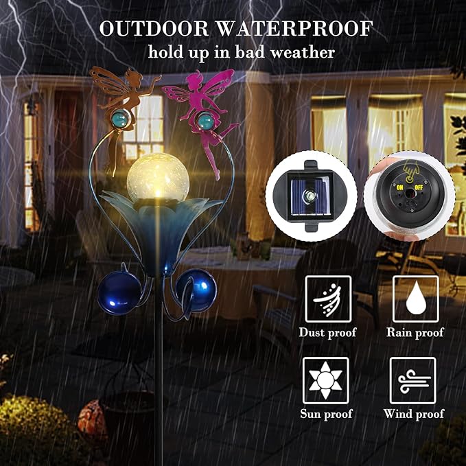 VCUTEKA Solar Lights Outdoor Metal Garden Stake Waterproof Crackle Glass Globe Garden Decor Fairy for Pathway Lawn Patio Yard
