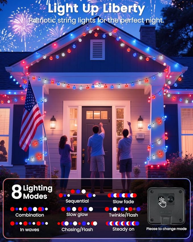 2-Pack Red White and Blue Crystal Globe Solar String Lights Outdoor 64FT 100 LED Waterproof 4th of July Decorations Solar Patriotic Lights 8 Lighting Modes for Memorial Day Independence Day Yard