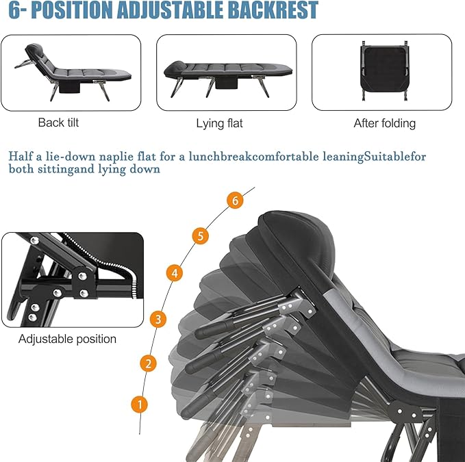 Folding Camping Cot for Adults with Adjustable Backrest &amp Pillow Portable Lounge Chair Bed 6-Position Recliner Waterproof Outdoor Cot Supports 450lbs Includes Side Pocket (Gray)