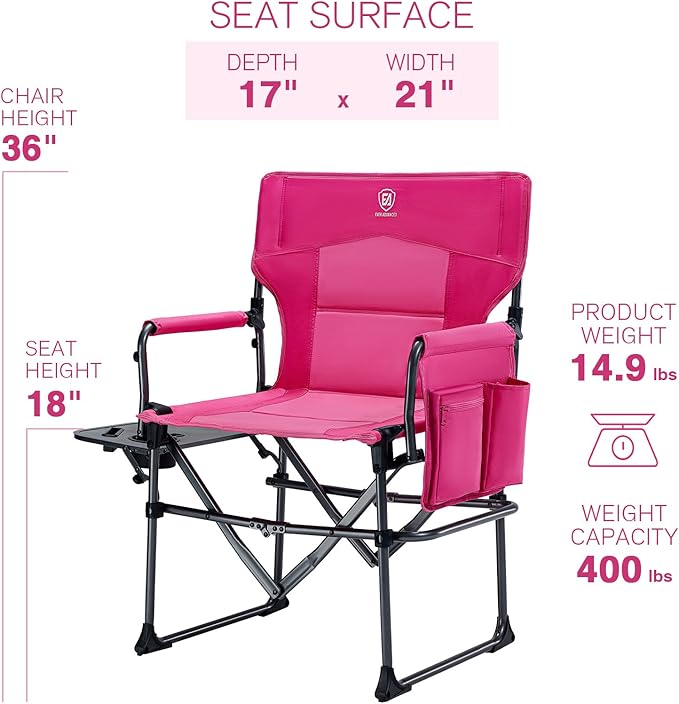 EVER ADVANCED Camping Directors' Chair with Side Table Portable Folding with Compact Size Heavy Duty Lawn Chair with Pocket for Camping Lawn Sports and Fishing 400lbs Pink