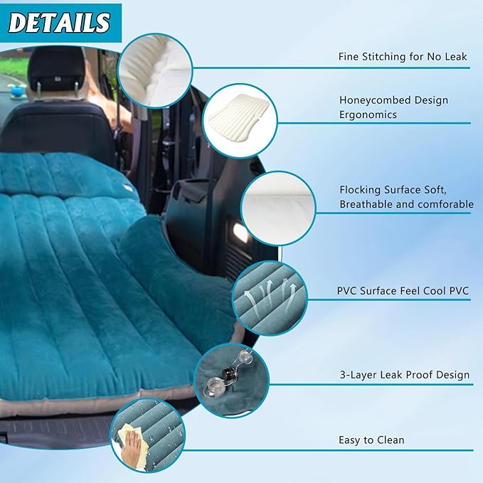 SUV Air Mattress Thickened and Double-Sided Flocking Travel Foldable Camping Bed for SUV Rear Seat and Trunk Camping Pickup Truck Bed Air Mattress 76x51x4.7Inch (White Blue)