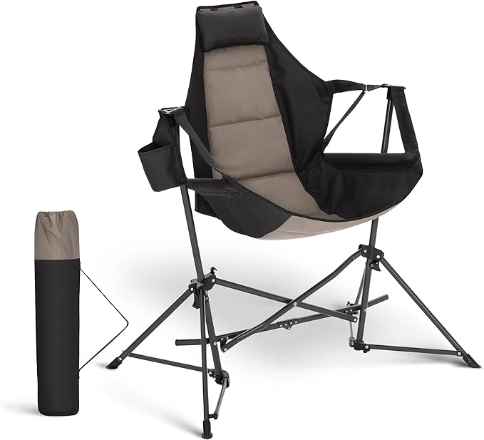 HIGH POINT SPORTS Hammock Camping Chair Adjustable Back Swinging Chair Folding Outdoor Rocking Chair Heavy Duty Portable Camp Chair with Cup Holder and High Back for Adults Black