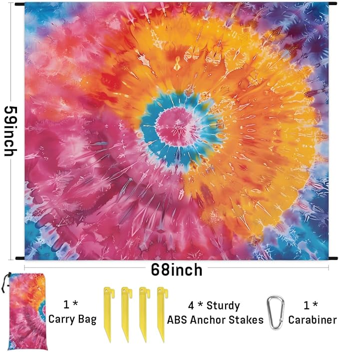 Waterproof Sandproof Beach Blanket 59''×68'' Pattern Tie Dye Polyester Outdoor Picnic Blanket with 4 Stakes &amp Storage Bag for BeachCampingVacation Red &amp Orange