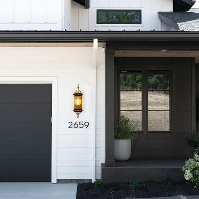 18.5''H Dusk to Dawn Sensor Outdoor Wall Light Fixture Golden Copper Porch Light with Tempered Glass Exterior Lighting Wall Mount for GaragePorchPatioOil-Rubbed BrassE26 Socket1 Pack