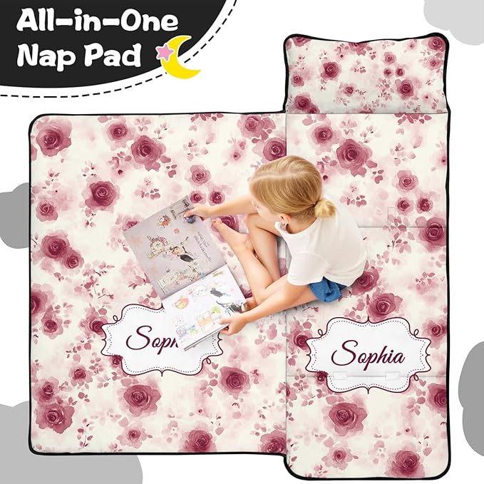 Custom Toddler Nap Mat with Name – Personalized Sleeping Bag for Kids with Pillow and Blanket Roll-Up Design