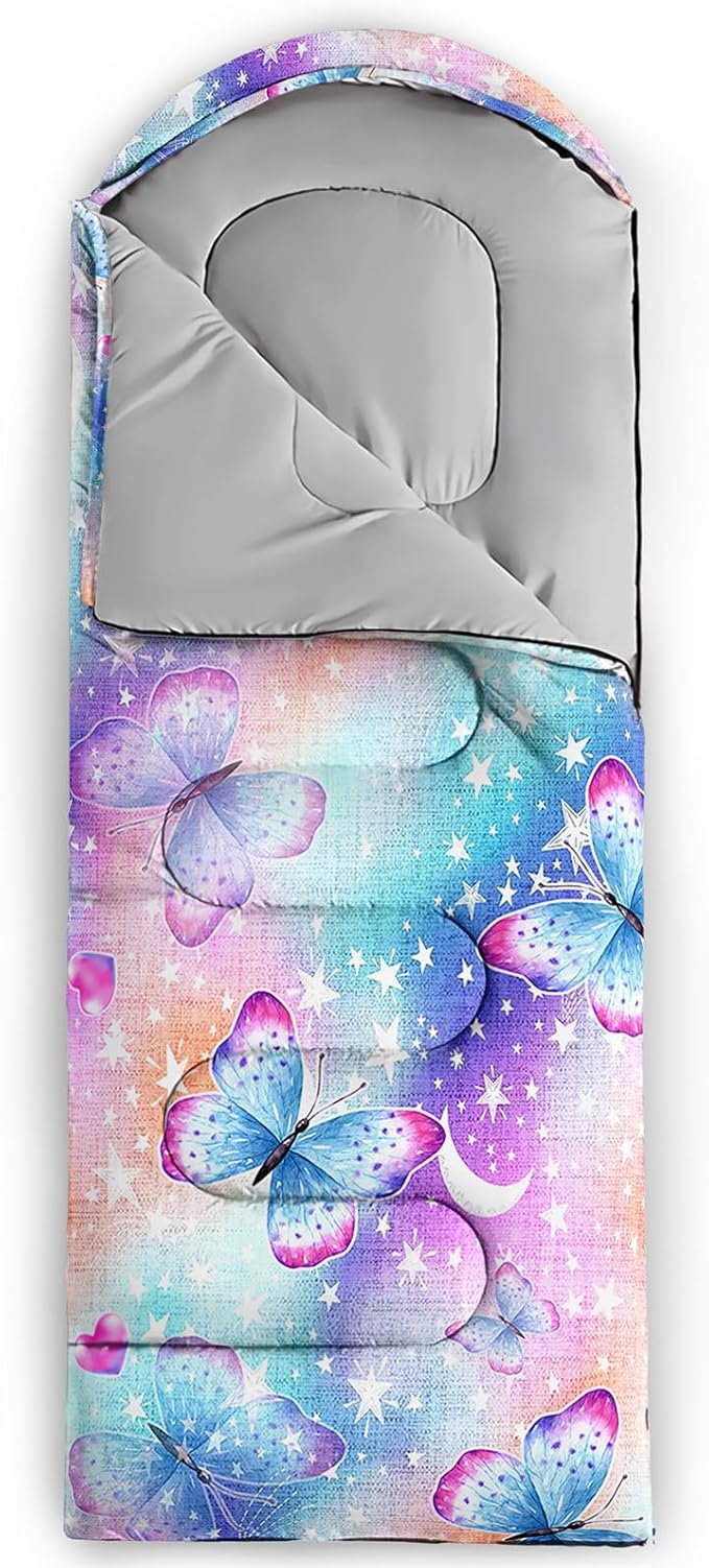 QOOMO Colorful Butterfly Printed Camping Sleeping Bags3 Season Warm &amp Cool WeatherLightweightWaterproof Sleeping Bags for Adults &amp KidsTravelingand OutdoorsCamping Gear Equipment31x90in