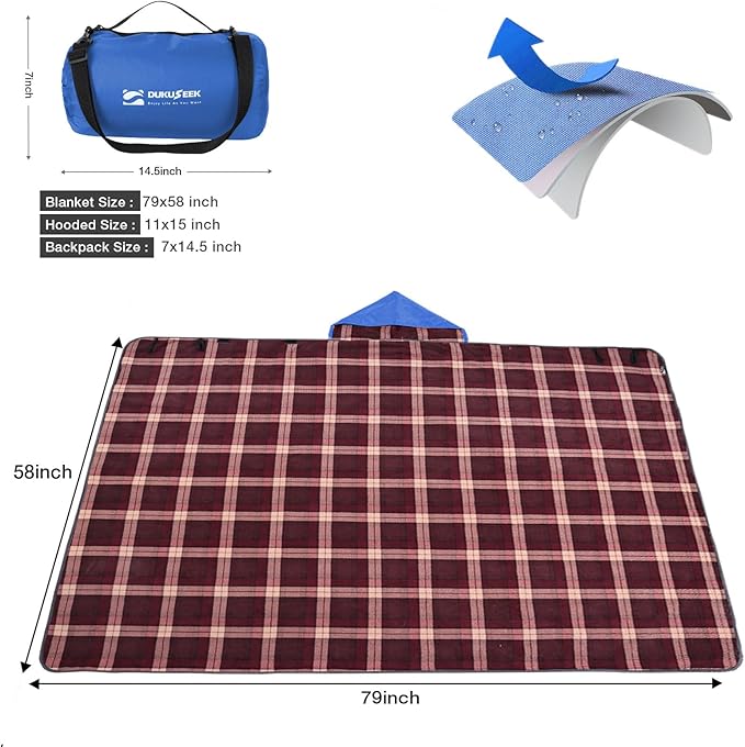 DUKUSEEK Waterproof Stadium Blanket with Hood Wine Red Plain Waterproof Outdoor Blankets