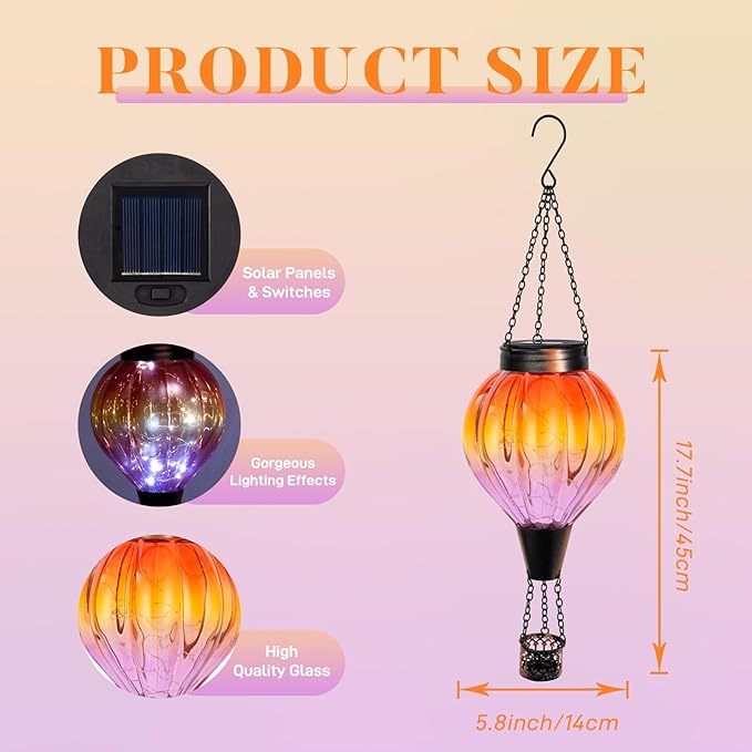 2PC Hot Air Balloon Solar Lantern Outdoor Waterproof Gradient Orange Glass Balloon Lantern Lights Hanging Solar Lights for Outside Patio Garden Tree Porch Yard Gift for Women Mom
