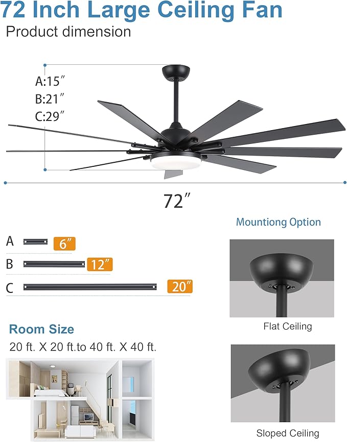 72 Inch Ceiling Fans with LightsLarge Modern Ceiling fan with Remote and 9 Wooden BladesDimmable6 SpeedsNoiseless Reversible Indoor&ampOutdoor Fan for BedroomPatioLiving Room