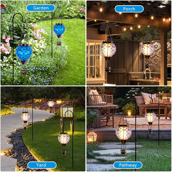 Solar Hot Air Balloon Lantern with FlameGlass Solar Hanging Lights Outdoor WaterproofHot Air Balloon Solar Blue Star Lamp Decorative for Lawn Porch Tree Yard