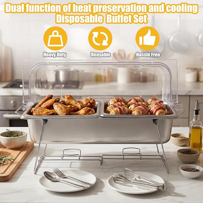Maxdot 3 Pack Stainless Steel Dish Set Full - Size Food Serving Display Container and Clear Roll Top Cover Utensils and Folding Wire Buffet Rack for Restaurant Hotel Kitchen Party Catering Supplies