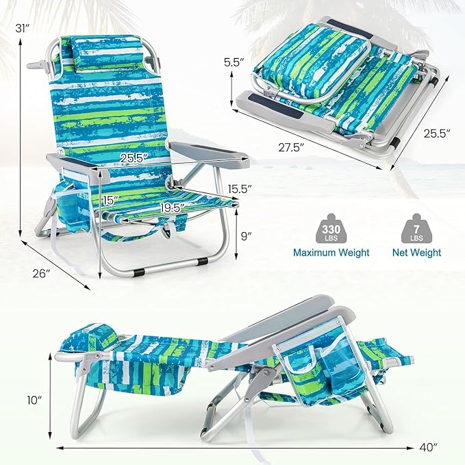 COSTWAY Backpack Beach Chair Foldable Camping Chair with 5 Adjustable Position Cup Holder Storage Pockets Straps Towel Rack Pillow for Patio Outdoor (Blue and Green Stripe1)