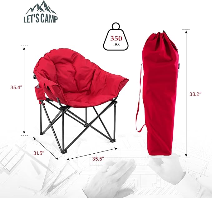 LET'S CAMP Heavy-Duty Oversize Camping Chair Round Moon Saucer Chair Padded with Cup Holder and Carry Bag Folding Chair2 PackRed