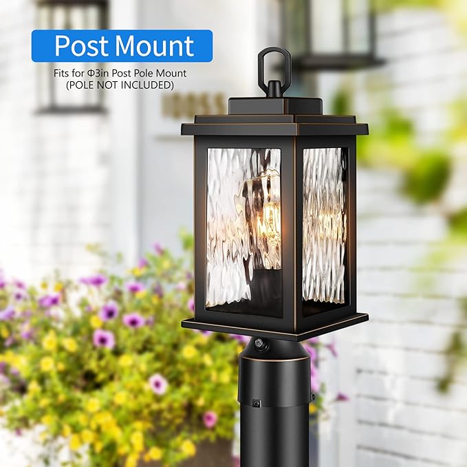 VIANIS Dusk to Dawn Outdoor Post Light with Pier Mount Base Hardwired 120V Waterproof Lamp Post Light Fixture Black Aluminum 3-inch Exterior Post Lamp with Tempered Glass for Patio Garden