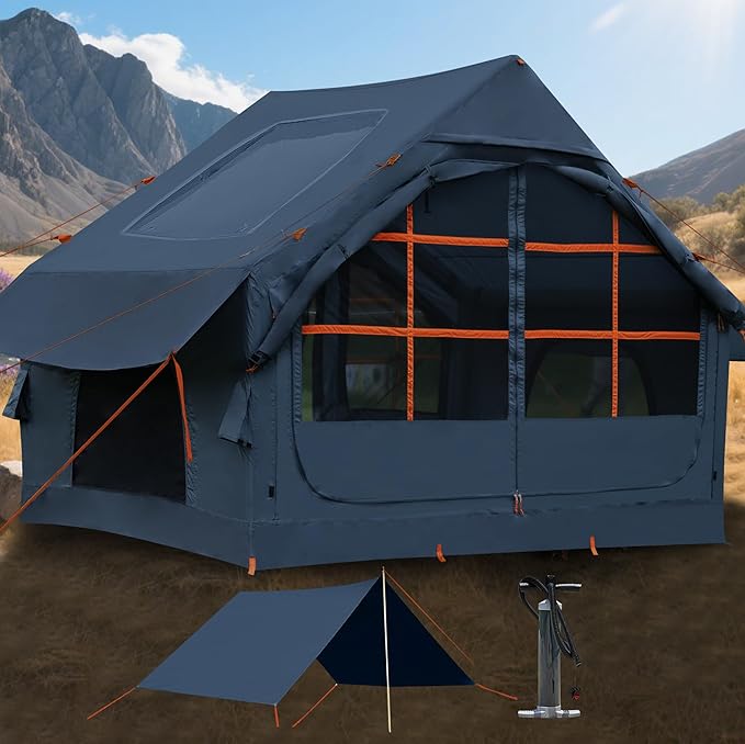 Inflatable Tents for Camping with 13 * 7 ft Awning Oxford Blow Up Easy Setup Inflatable Tent Skylight Waterproof Inflatable Outdoor House Casa de Campaña