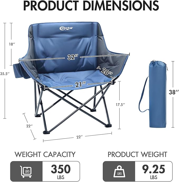 Portal 32 Oversized Camping Chair Foldable Heavy Duty 350 lb Padded Ergonomic Seat for Big &amp Tall Adults Pinch-Free Extra Wide Design Featuring Cup Holder &amp Carry Bag for Fishing Lawn &amp