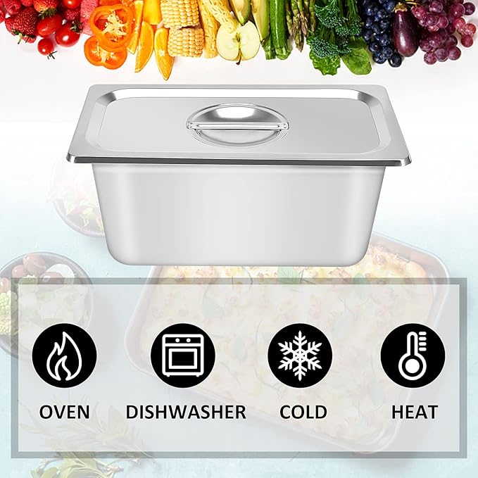 4 Packs Stainless steam Hotel pan1/3 Size x 6 Deep22 Gauge/0.7mm Thick Stainless Steel Hotel Pan Anti Jam Steam Table Pan with Lid (1/3 Size x 6 Deep)