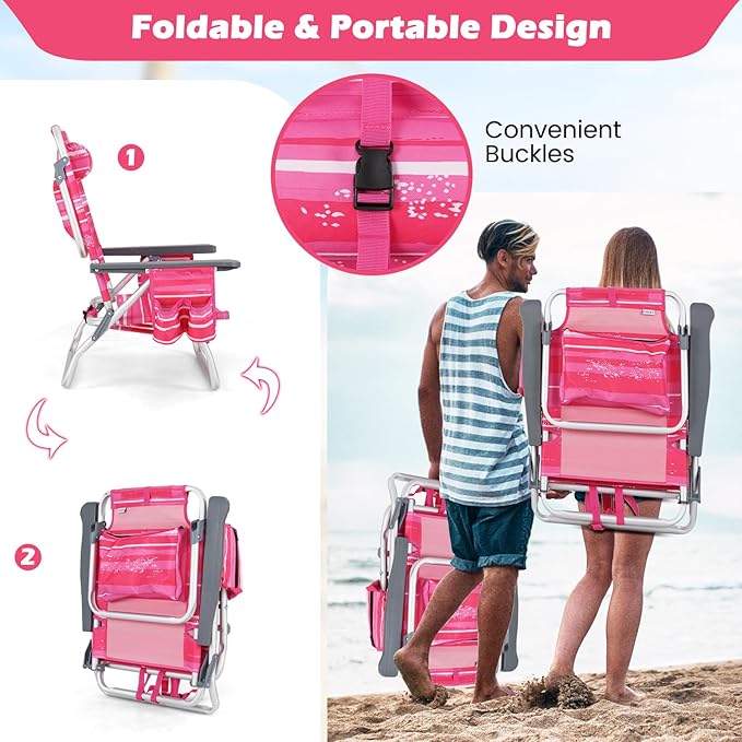Goplus Beach Chair Folding Backpack Beach Chairs for Adults with 5 Positions Head Pillow Cooler Bag Towel Bar Cup Holders Sunbath Sling Tanning Lounge Foldable Layout Camping Chairs