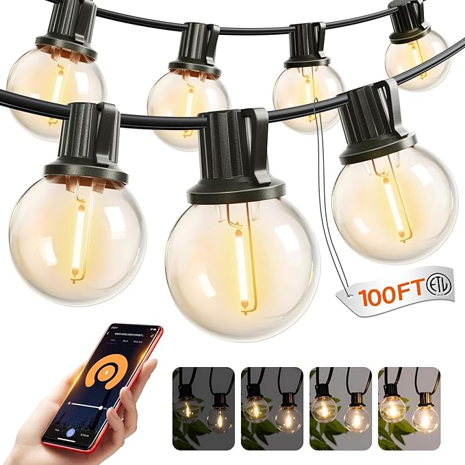 addlon Outdoor String Lights 100FT G40 with APP Control 54 LED Shatterproof Bulbs Dimmable Patio Globe Lights Waterproof Hanging Outside Lighting for Backyard Garden Deck Balcony Café