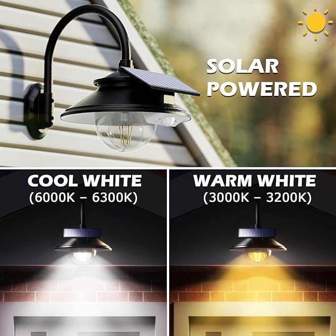 SIEDiNLAR Solar Barn Light Outdoor 3 Modes 2 Lighting Garage Shed Light Farmhouse Gooseneck Wall Light Waterproof with Remote/Motion Sensor for Barn Garage Shed Chicken Coop Porch Black (1 Pack)