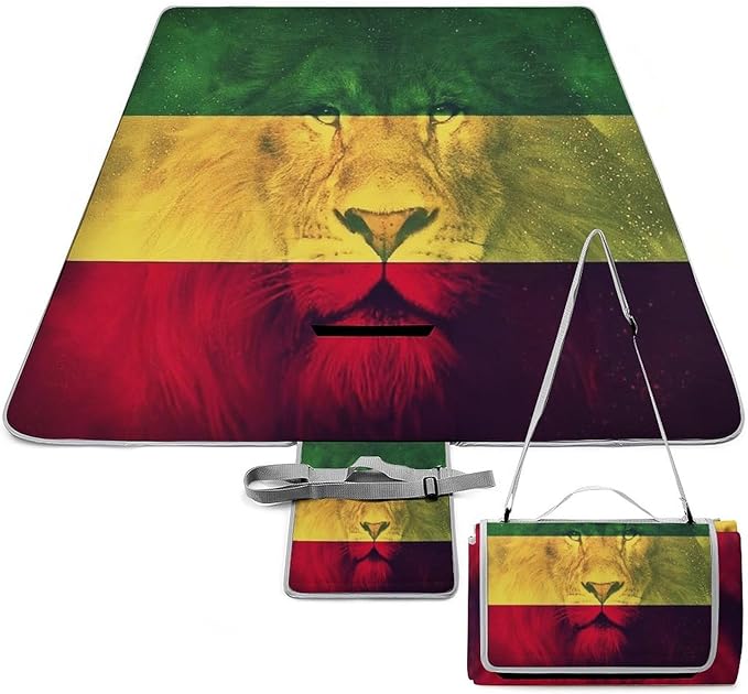 Jamaican Flag Rasta Lion Waterproof Outdoor Picnic Blanket Sandproof Beach Mat for Camping Hiking Grass Travelling
