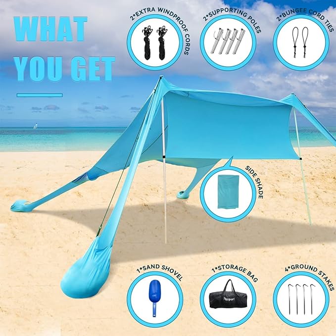 FBSPORT Beach Tent Sun Shelter Portable Beach Shade Canopy UPF50+ with Sandbags for Outdoor Family Camping Fishing Backyard Fun Picnic 7 x 7ft