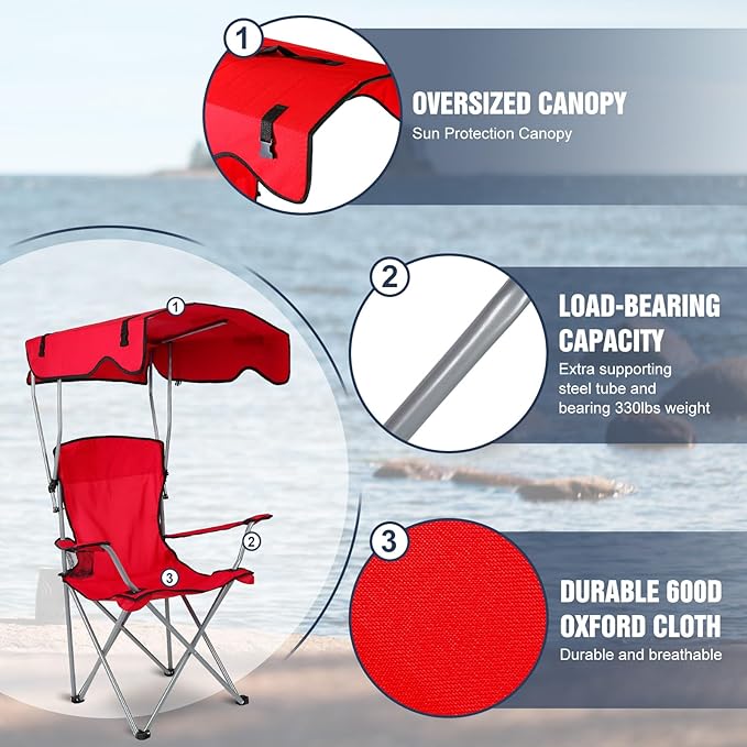 Camping Chair with Canopy Portable Outdoor Folding Beach Chairs with Cup Holder 330LBS Load Lawn Chair for Outside Fishing Beach Picnic (Red)