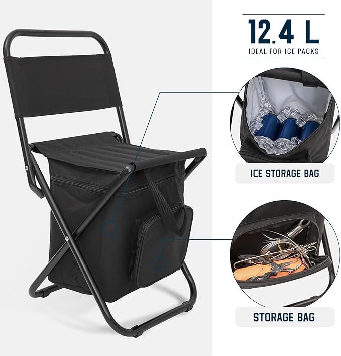 FUNDANGO Portable Fishing Chair Lightweight Backrest Stool Compact Folding Chair with Cooler Bag for Outdoors Hiking Hunting Travel Supports 265 Lbs (Black)
