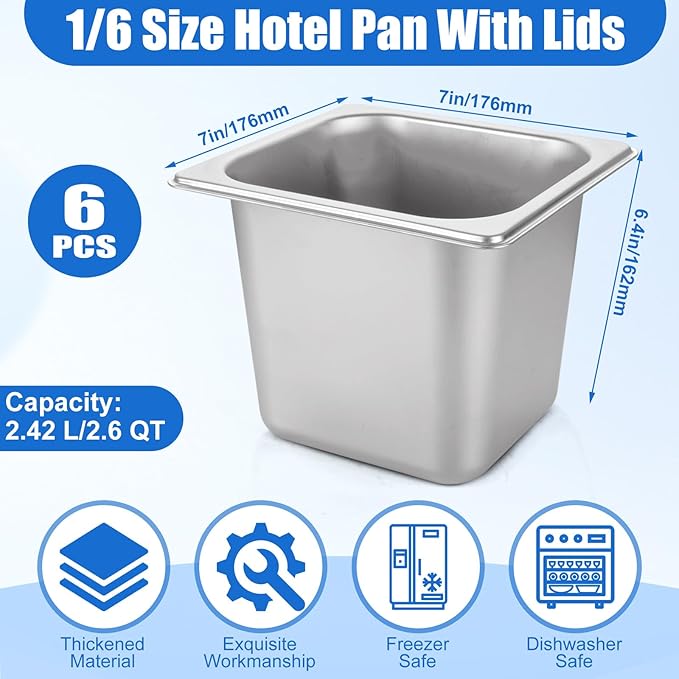 6 PCS Stainless Steel Hotel Pan 1/6 Size 6 Deep Stainless Steel Steam Pan Commercial Food Pans 1/6 Size Steam Table Pans StainlessSteel Rectangle Panss for Hotel Restaurant Buffet Home