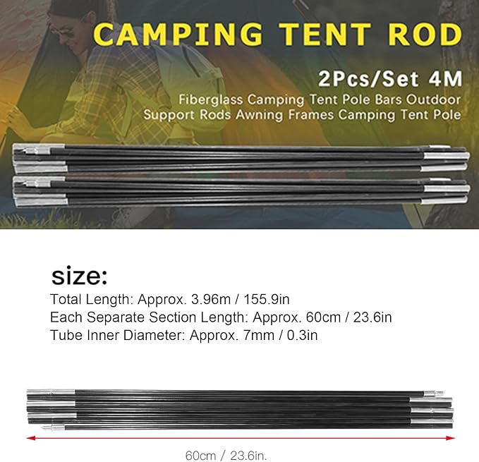 Fiberglass Tent Poles 3.96M 2 Pieces Universal Fiber Glass Tent Rod Tarp Poles for Awnings Portable Lightweight Replacement Poles for Camping Hiking Accessories
